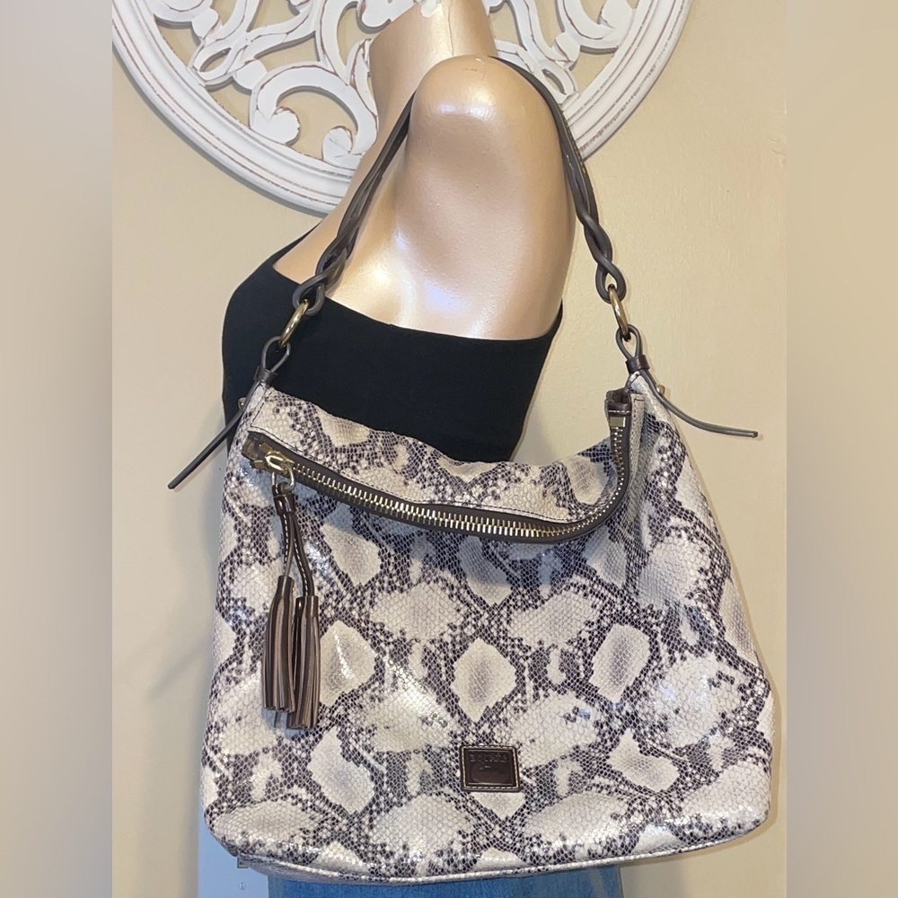 Dooney & Bourke Cream and Brown Snake Print Hobo Bag